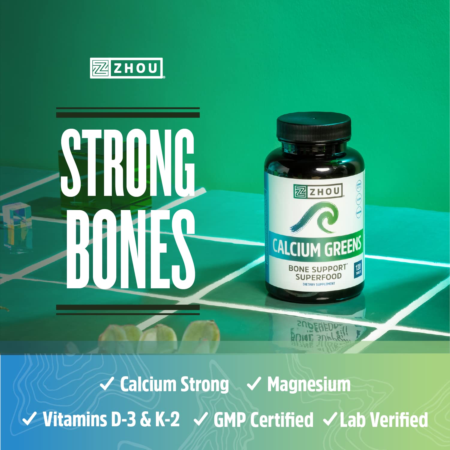 ZHOU Calcium Greens spirulina and barley grass greens blend for plant-based nutrition.