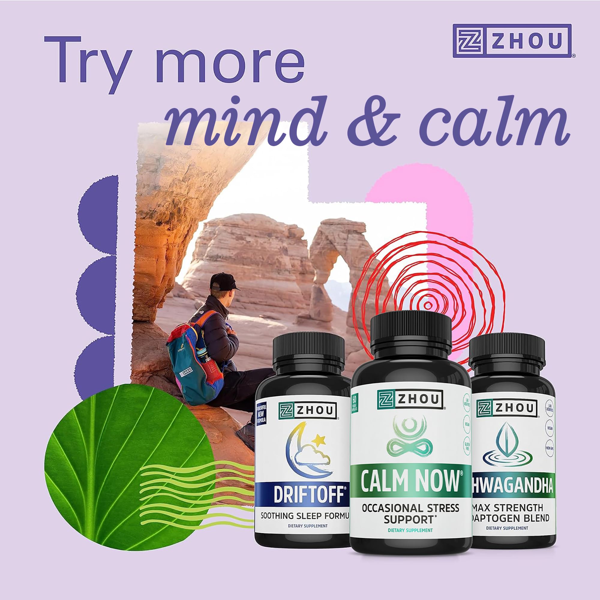 ZHOU Calm Now herbs close-up highlighting adaptogenic ashwagandha and passion flower.