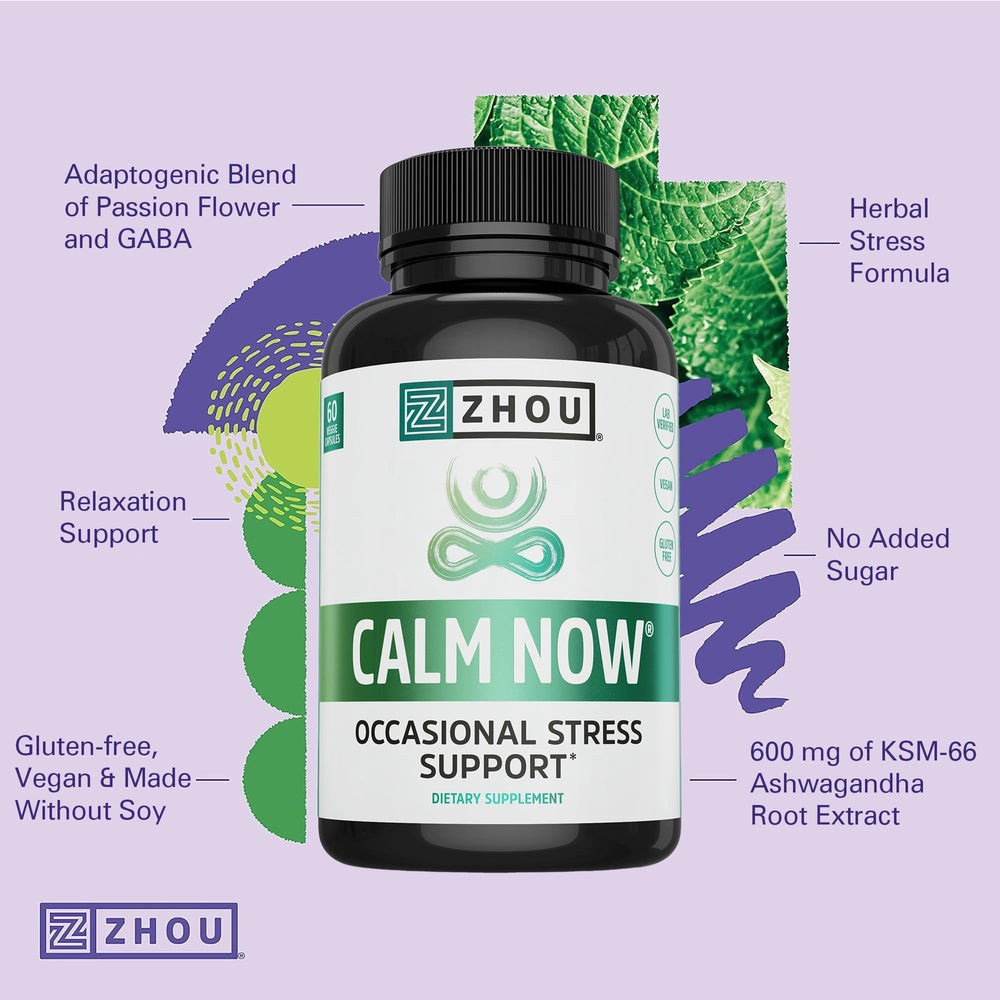 ZHOU Calm Now label detail featuring GABA and ashwagandha ingredients.