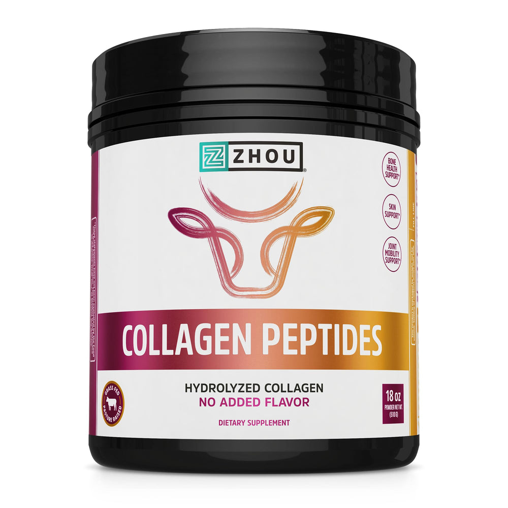 ZHOU Collagen Peptides bottle on kitchen counter with unflavored powder for skin and joints