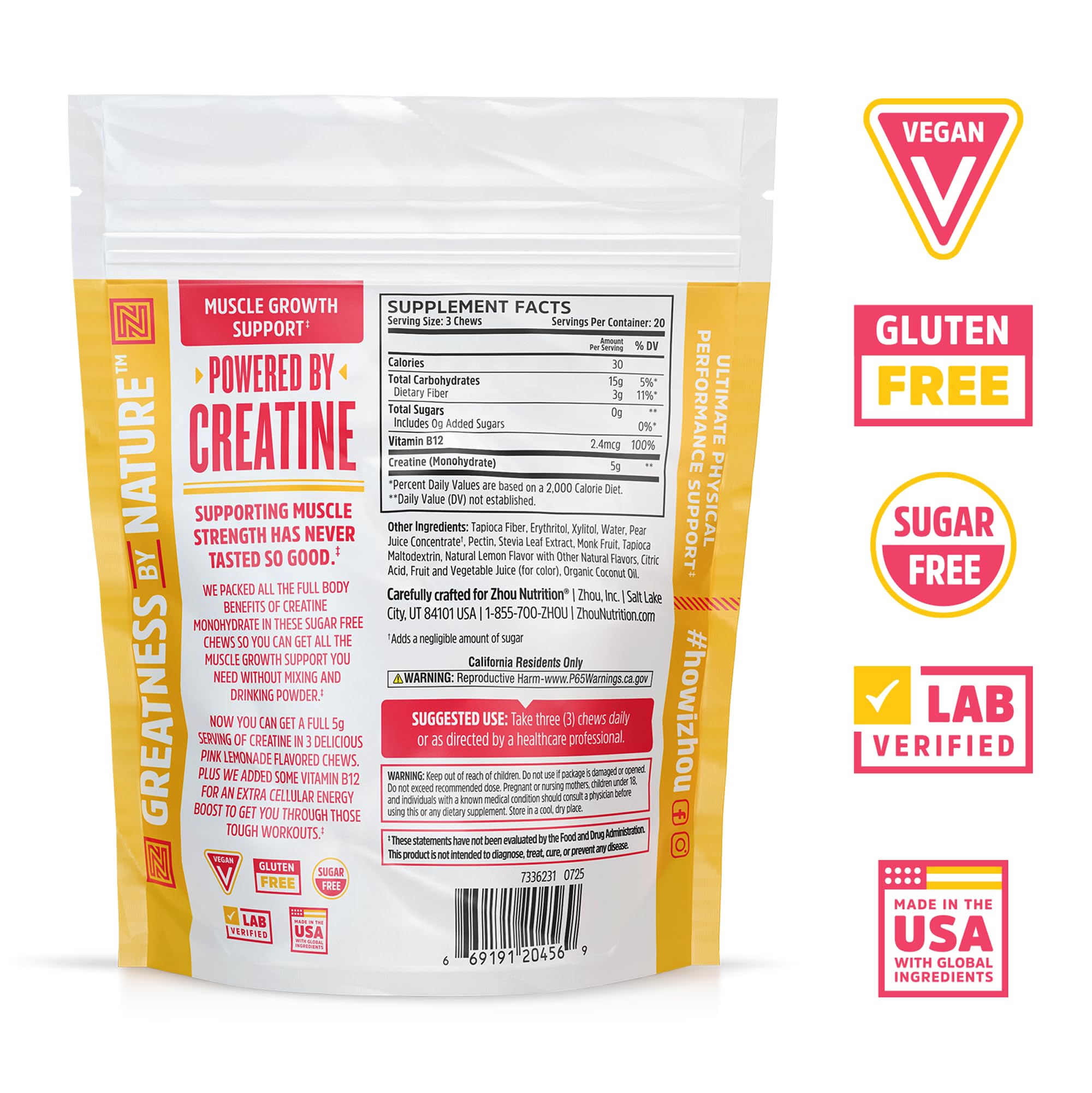 Close-up of ZHOU Creatine Chews pink lemonade bottle showing label