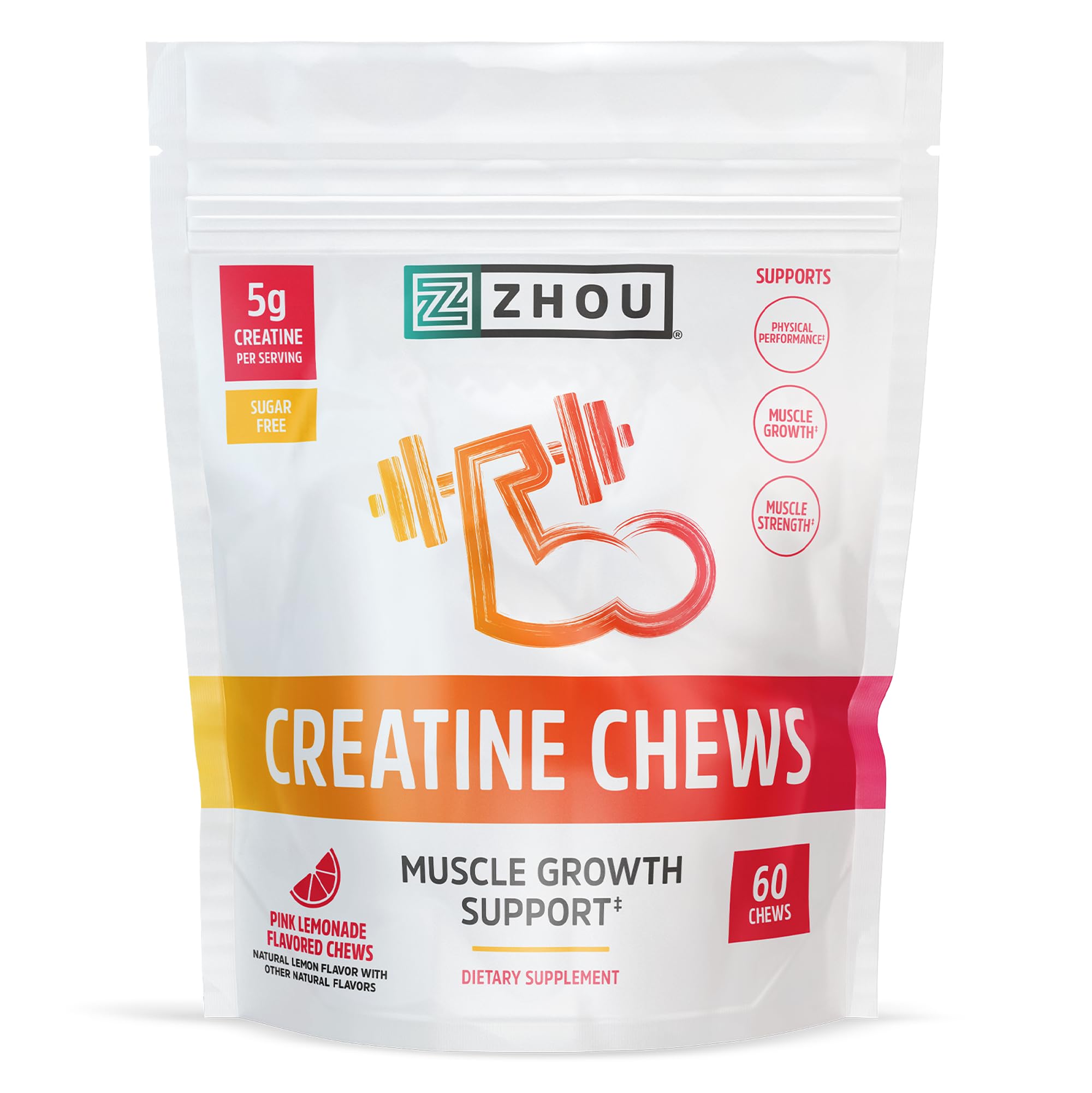 ZHOU Creatine Chews pink lemonade packaging ready for workouts and travel