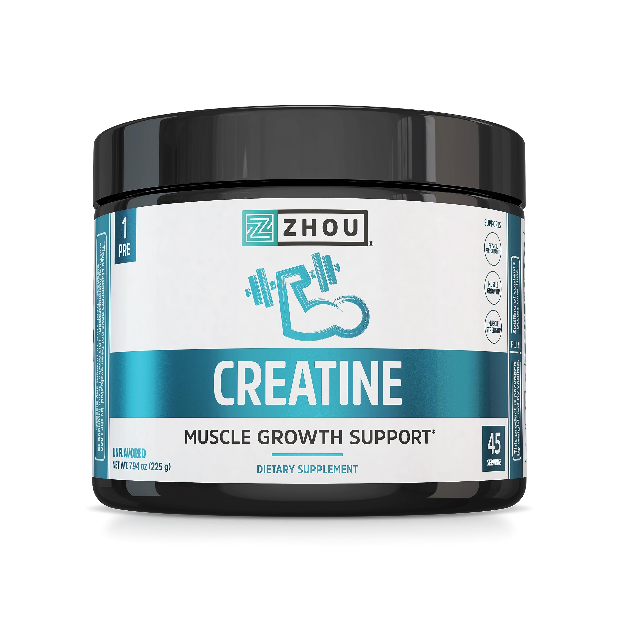 Zhou Creatine powder bottle highlighting pure, vegan strength support for workouts