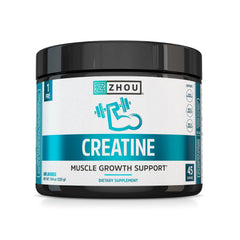Zhou Creatine powder bottle highlighting pure, vegan strength support for workouts