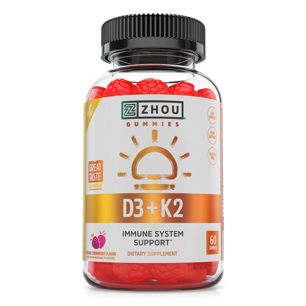 ZHOU D3+K2 bottle front displaying 60 veggie gummies for immune and bone support.