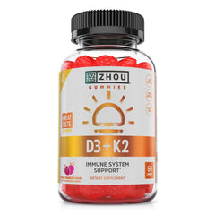 ZHOU D3+K2 bottle front displaying 60 veggie gummies for immune and bone support.