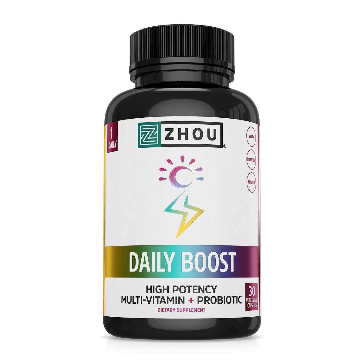 Zhou Daily Boost bottle front displaying packaging for daily immune support and energy