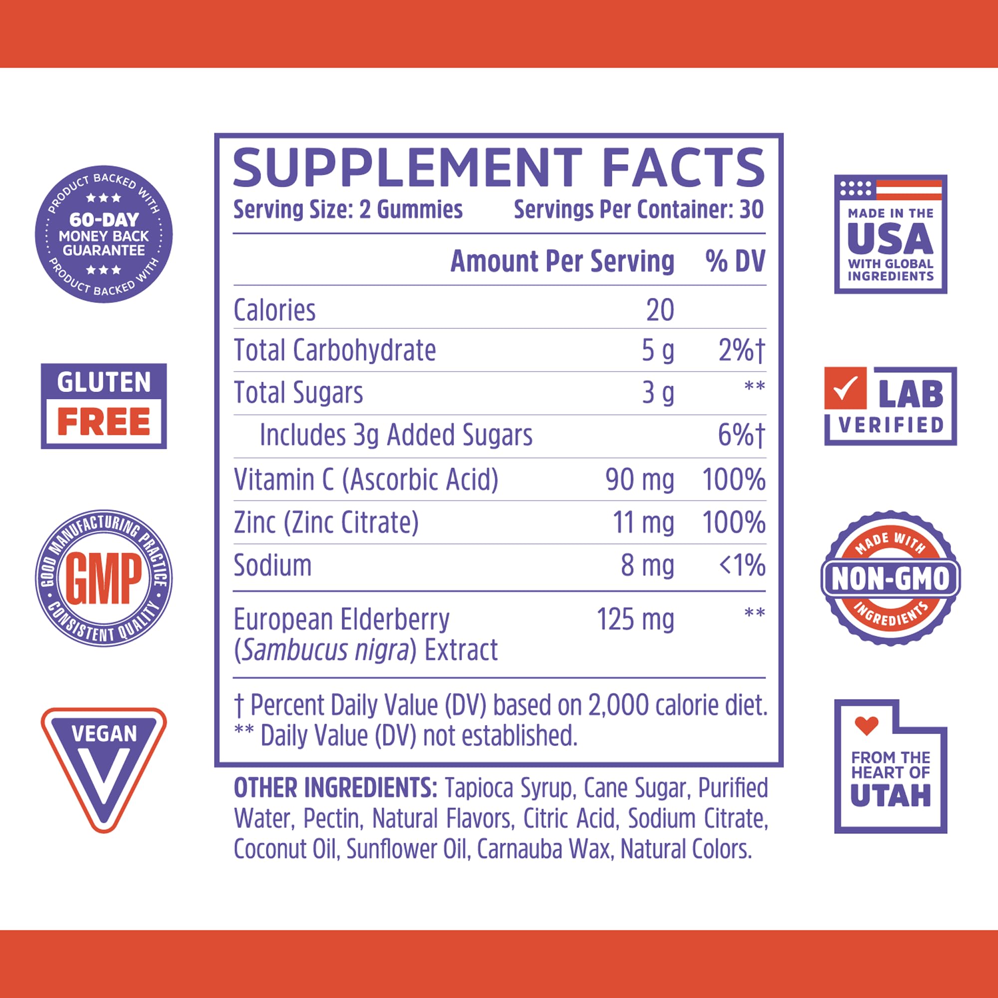ZHOU Elder-Mune Gummies label close-up highlighting elderberry, Vitamin C, and zinc.