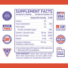 ZHOU Elder-Mune Gummies label close-up highlighting elderberry, Vitamin C, and zinc.