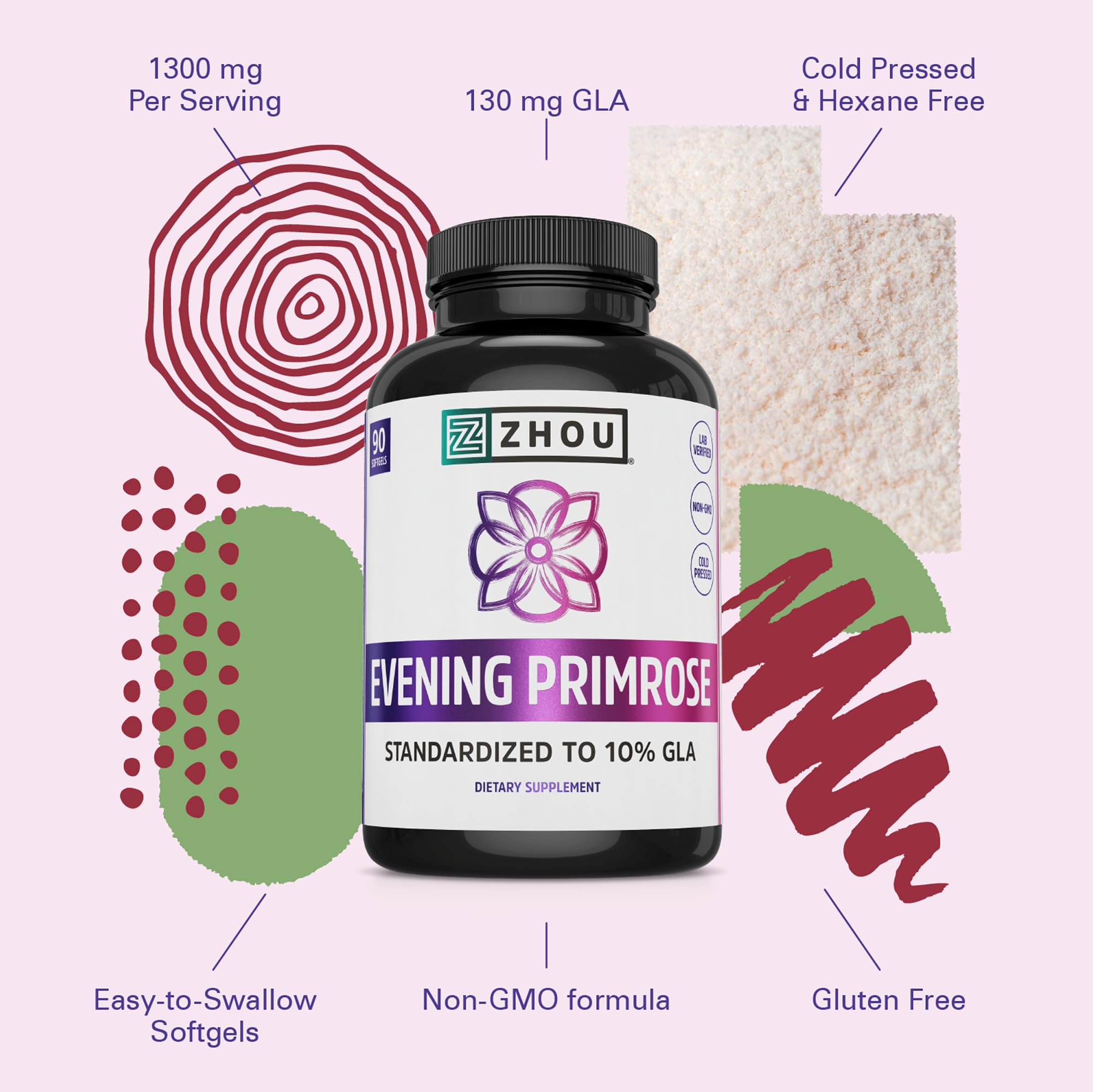 Zhou Evening Primrose Oil hexane-free label emphasizing clean extraction.