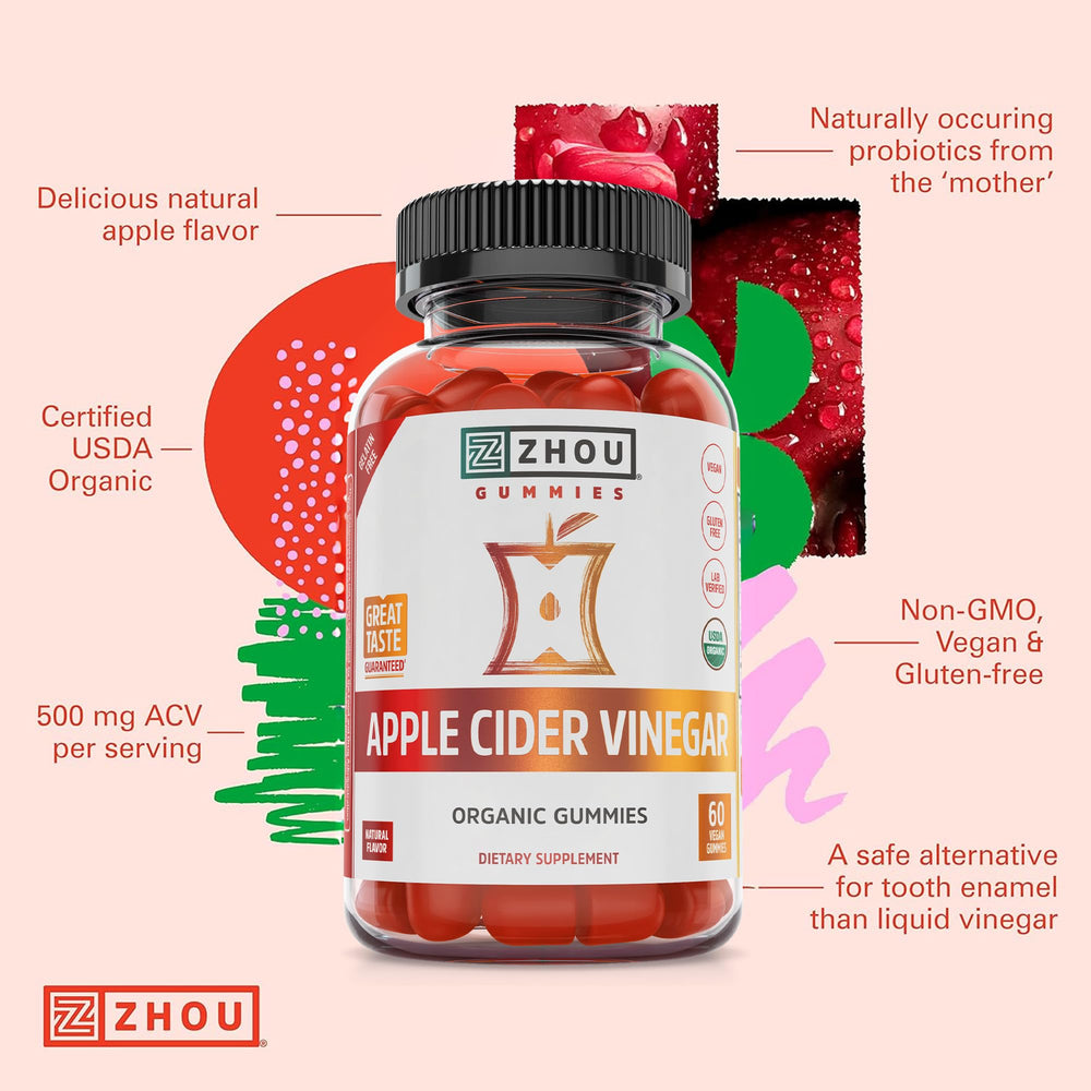 Zhou Gluten-free ACV Gummies with digestive support in a convenient pack.