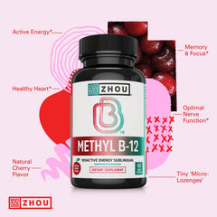 Front view of Zhou Methyl B12 bottle highlighting cherry flavor.