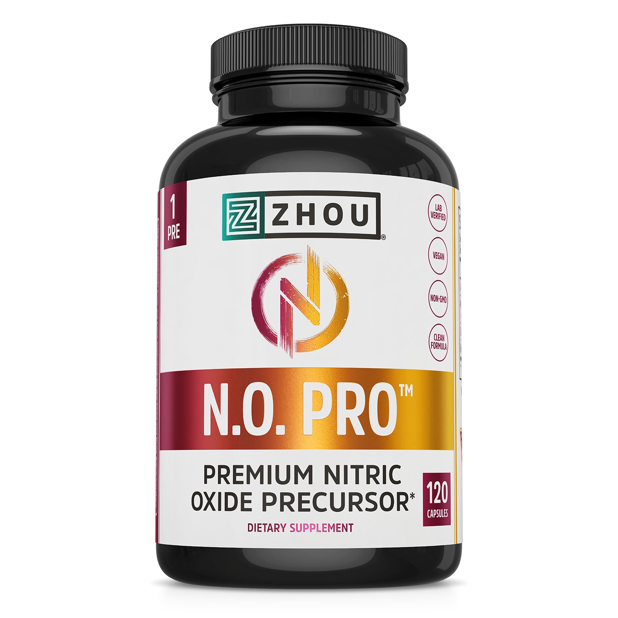 Zhou N.O. Pro bottle front highlighting a premium nitric oxide booster for active workouts
