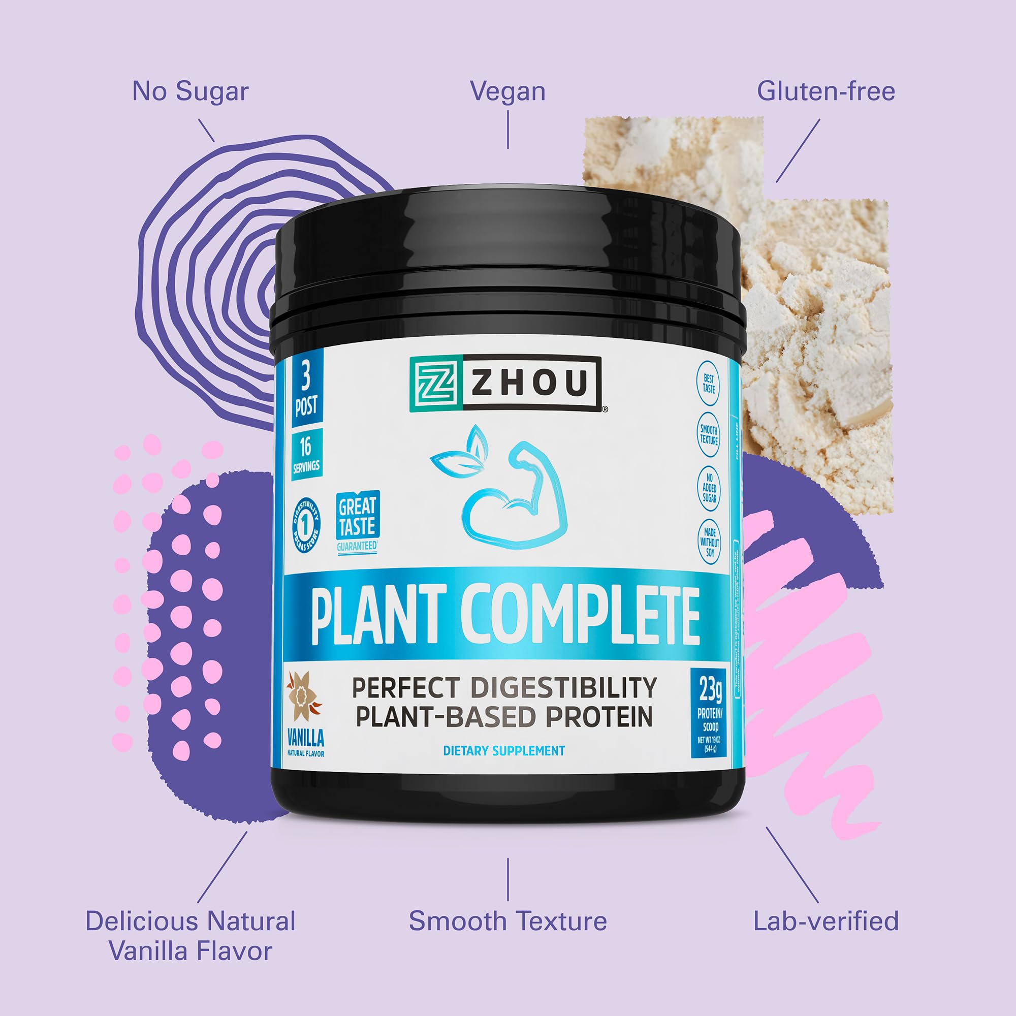 Zhou Plant Complete ingredients label highlights vegan protein blend for balanced nutrition.