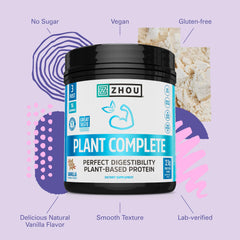 Zhou Plant Complete ingredients label highlights vegan protein blend for balanced nutrition.