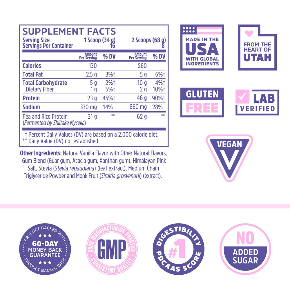 Zhou Plant Complete vanilla powder scoop, delivers 21 g protein per serving for meals.