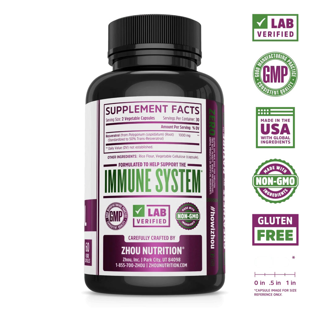 ZHOU Resveratrol capsule 60-count shows convenient daily intake for heart-healthy routines.