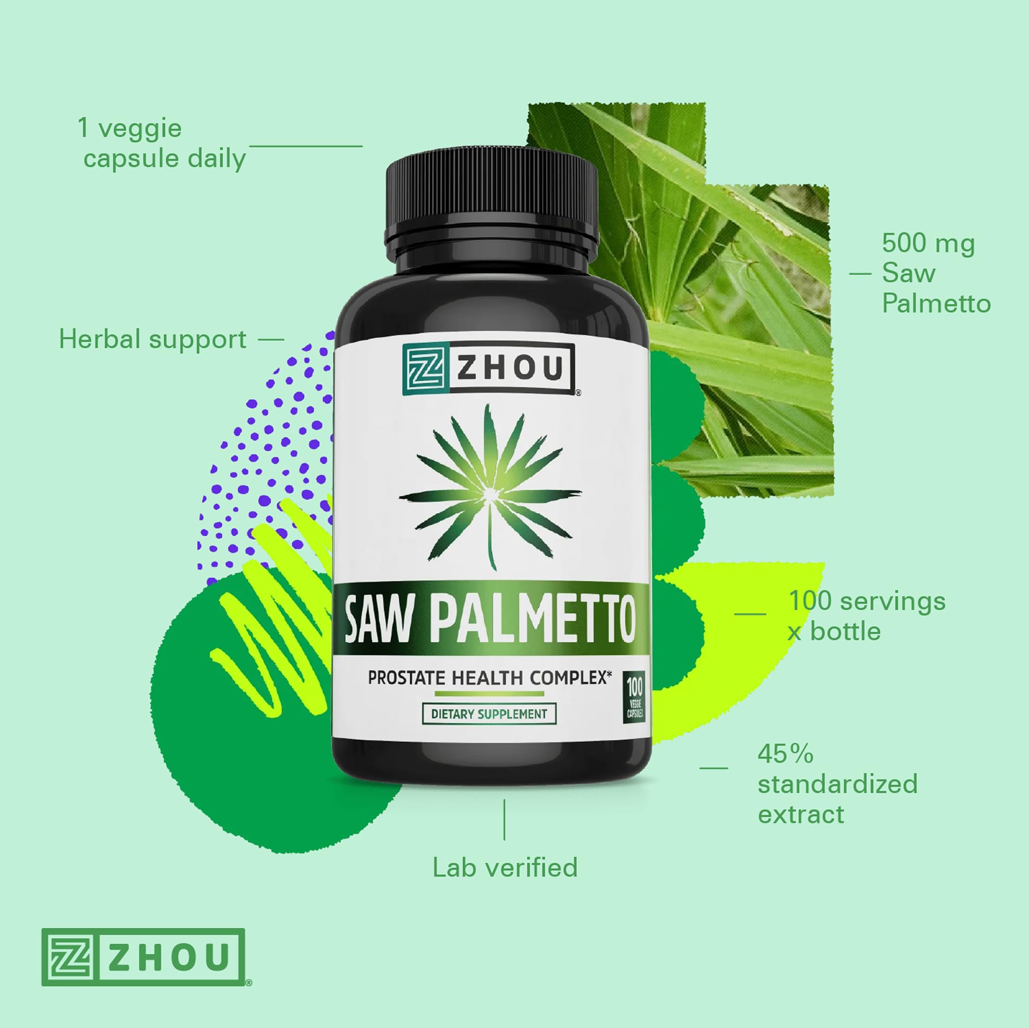 ZHOU Saw Palmetto bottle label closeup with clear ingredient information.
