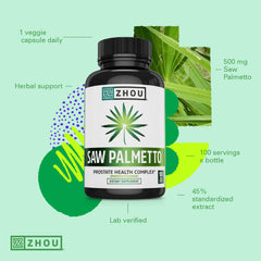 ZHOU Saw Palmetto bottle label closeup with clear ingredient information.