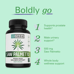 ZHOU Saw Palmetto extract capsules with extra strength and 45% fatty acids.