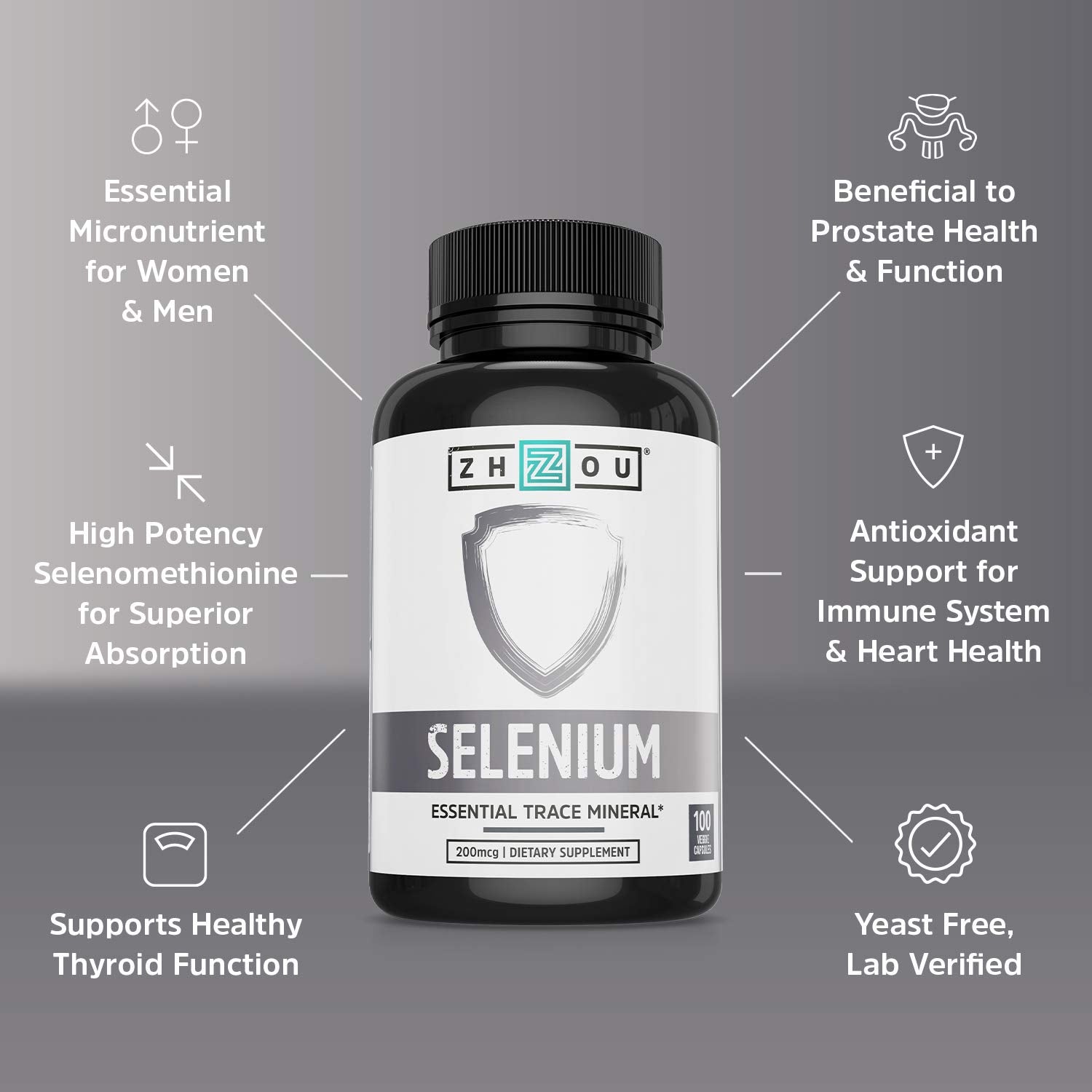 ZHOU Selenium label closeup highlights vegan, yeast-free formula and purity