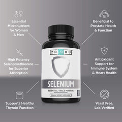 ZHOU Selenium label closeup highlights vegan, yeast-free formula and purity