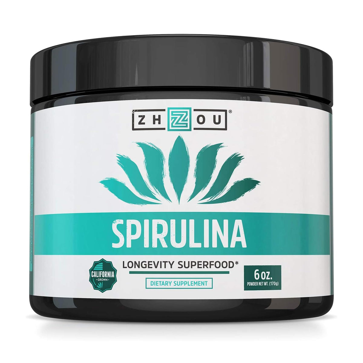 ZHOU Spirulina powder bottle in a 6oz jar for easy daily use and smoothies