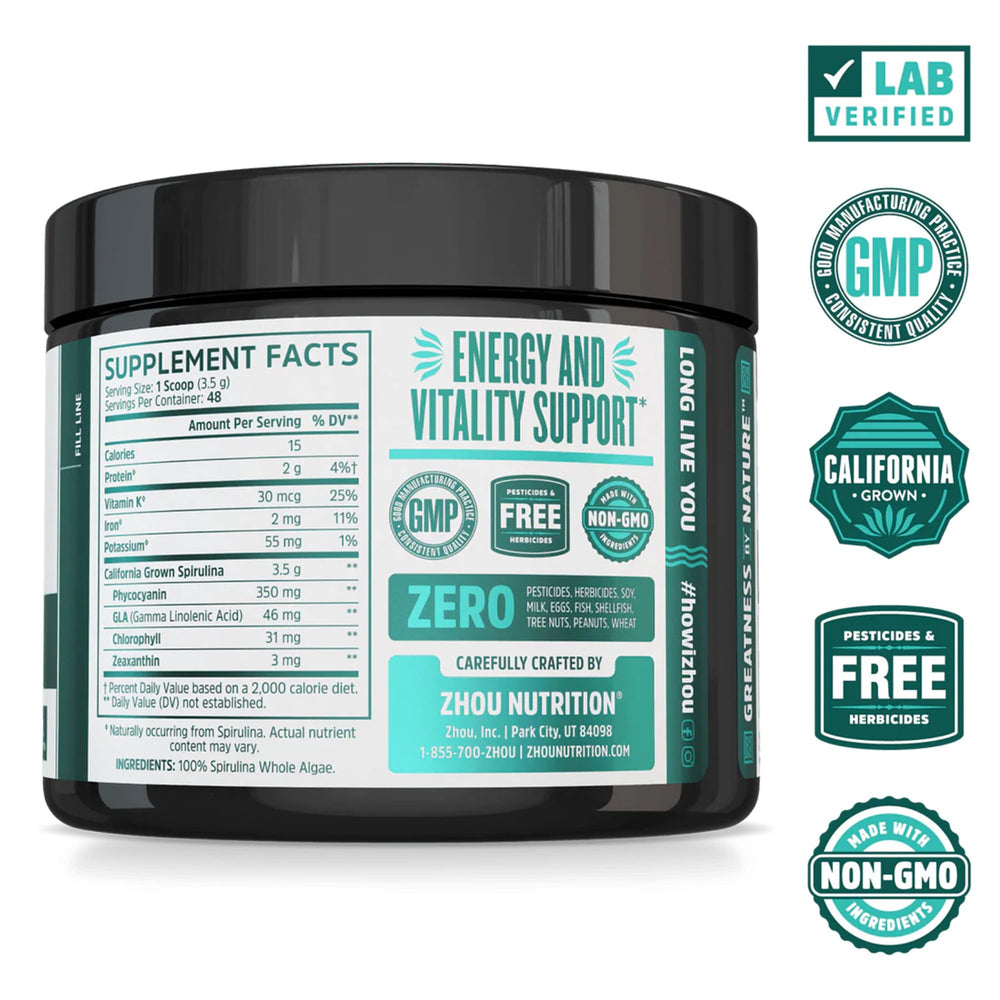 Close-up of Zhou Spirulina label showing non-GMO and gluten-free quality