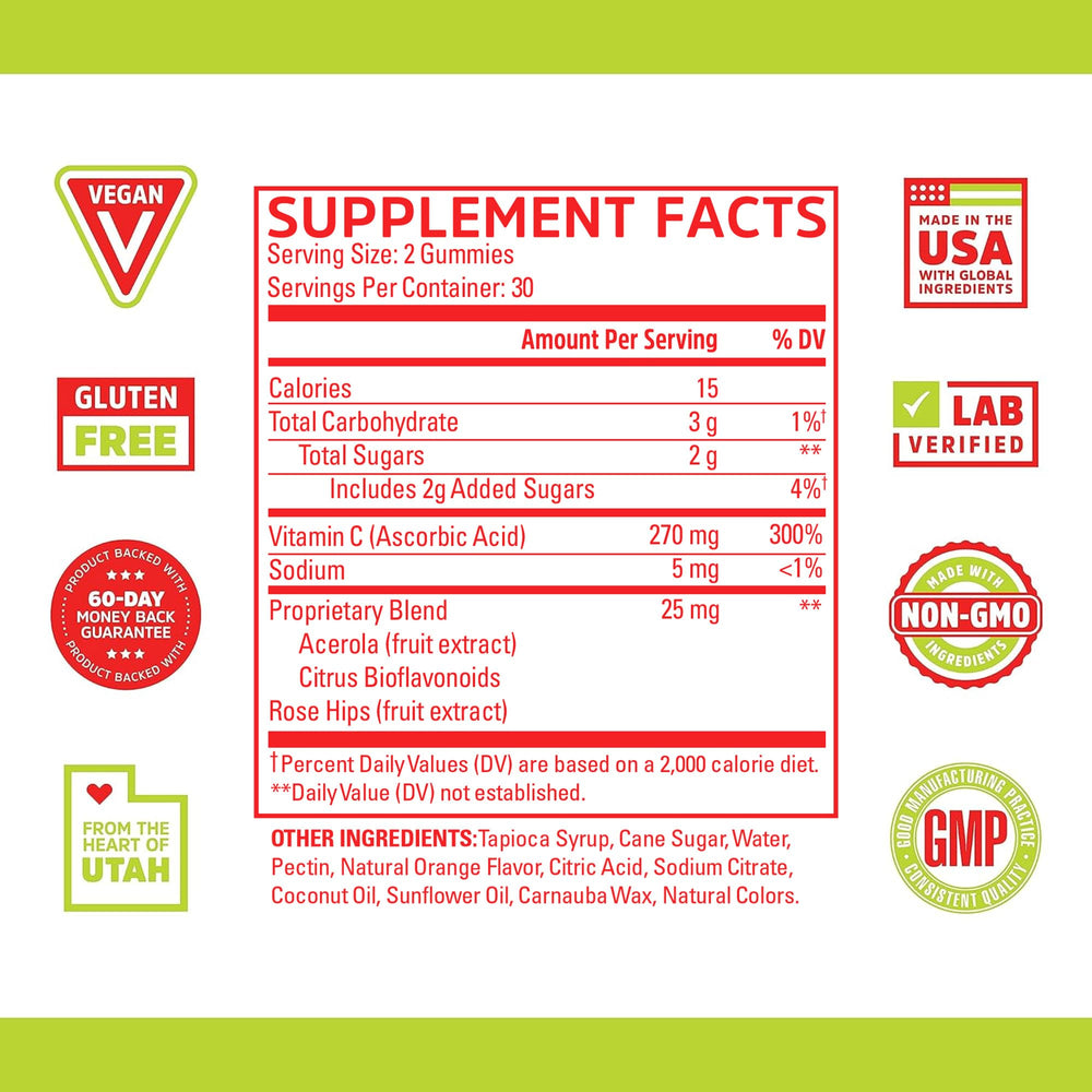ZHOU Vitamin C+ Gummies bottle back with ingredients list and vegan claim for everyday wellness