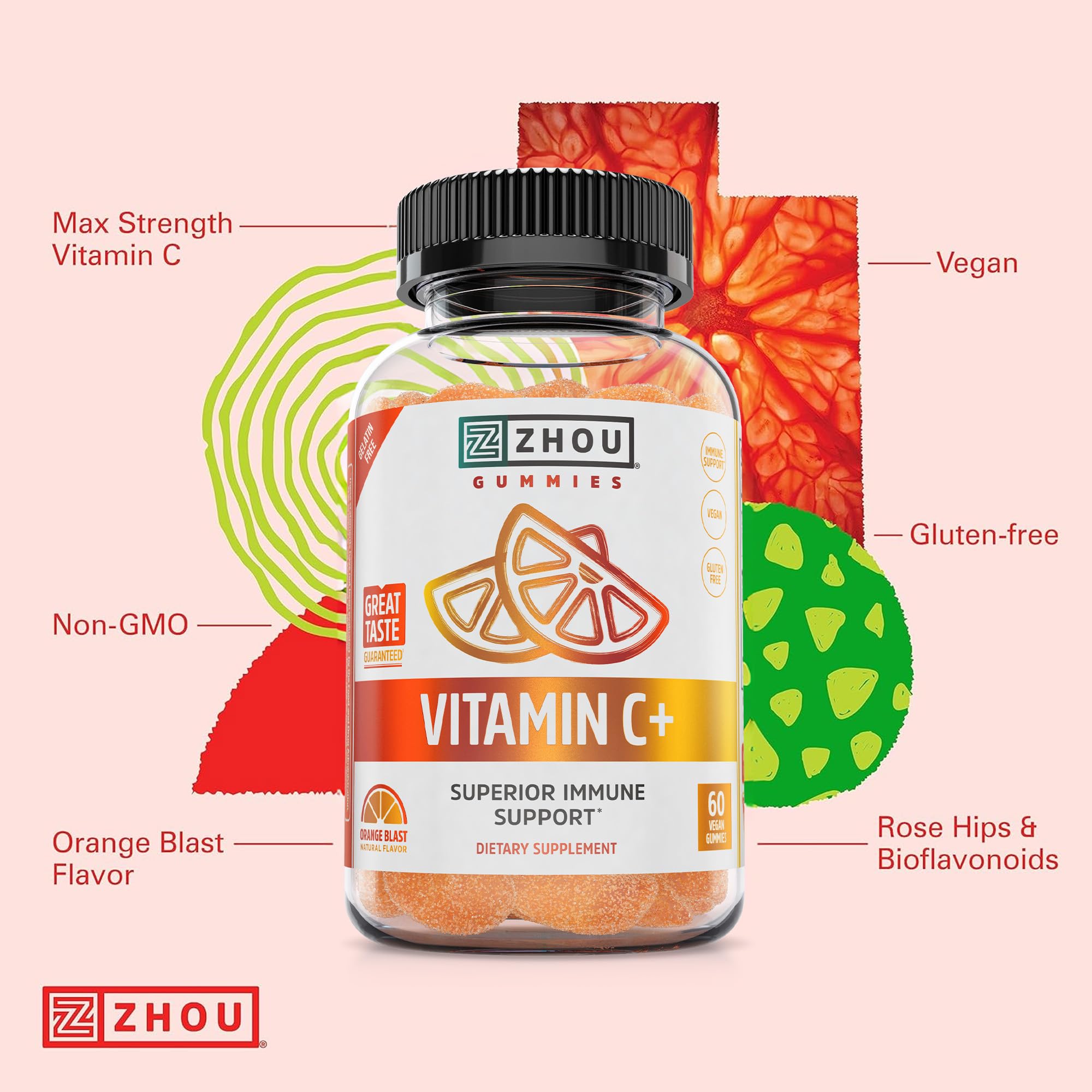 ZHOU Vitamin C+ Gummies orange flavor closeup emphasizing taste and chewiness