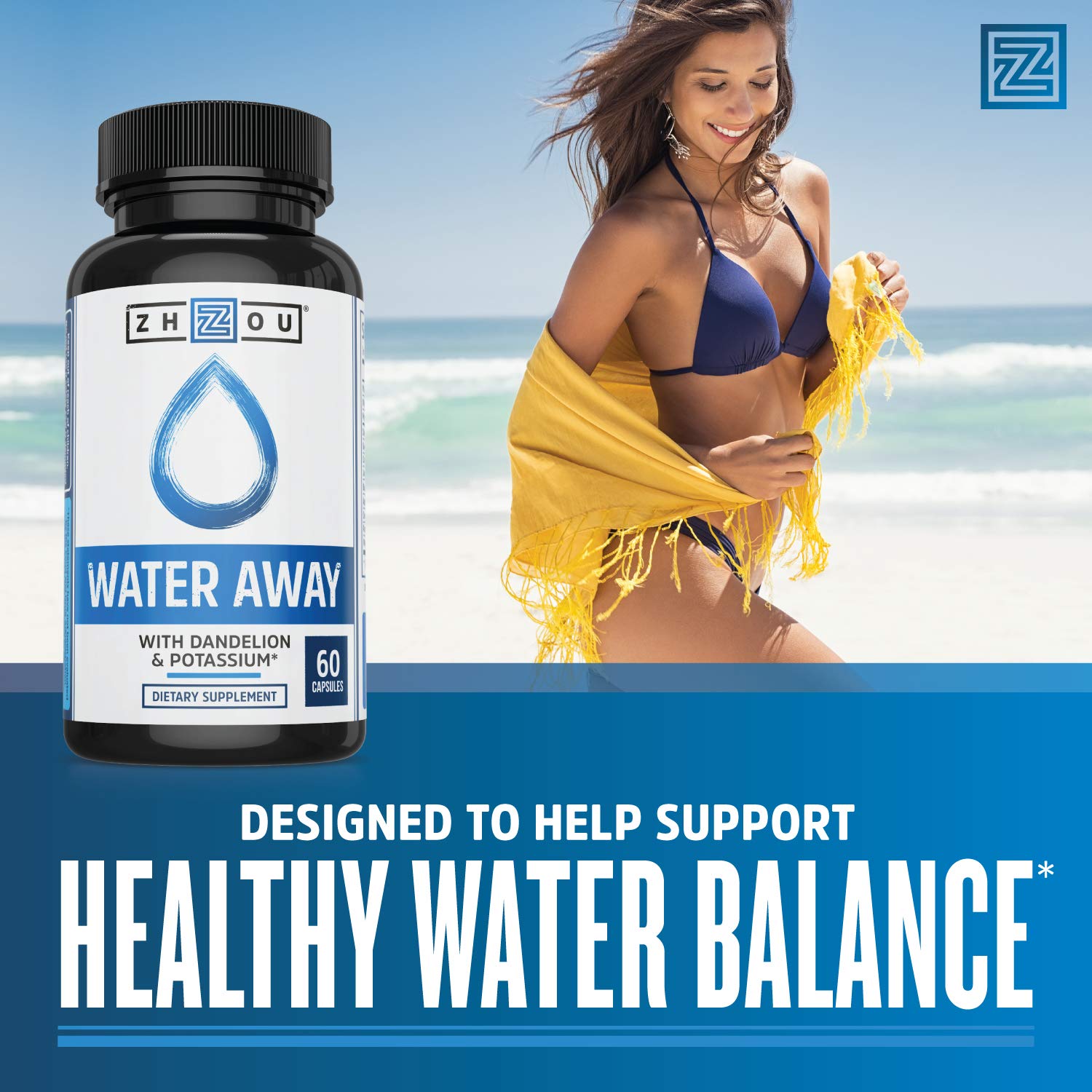 ZHOU Water Away capsules close-up showing herbal blend for daily wellness