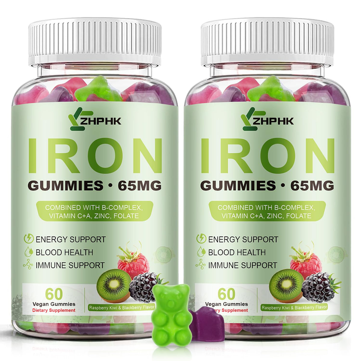ZHPHK iron gummies bottle front showing berry-flavored energy support.