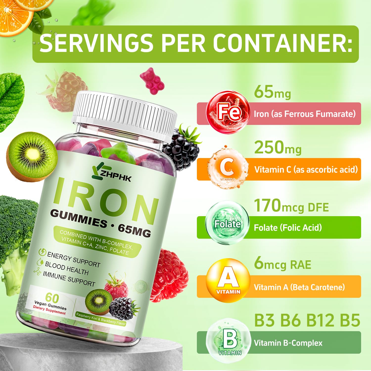 ZHPHK iron gummies Raspberry Kiwi flavor appealing to adults seeking daily iron.