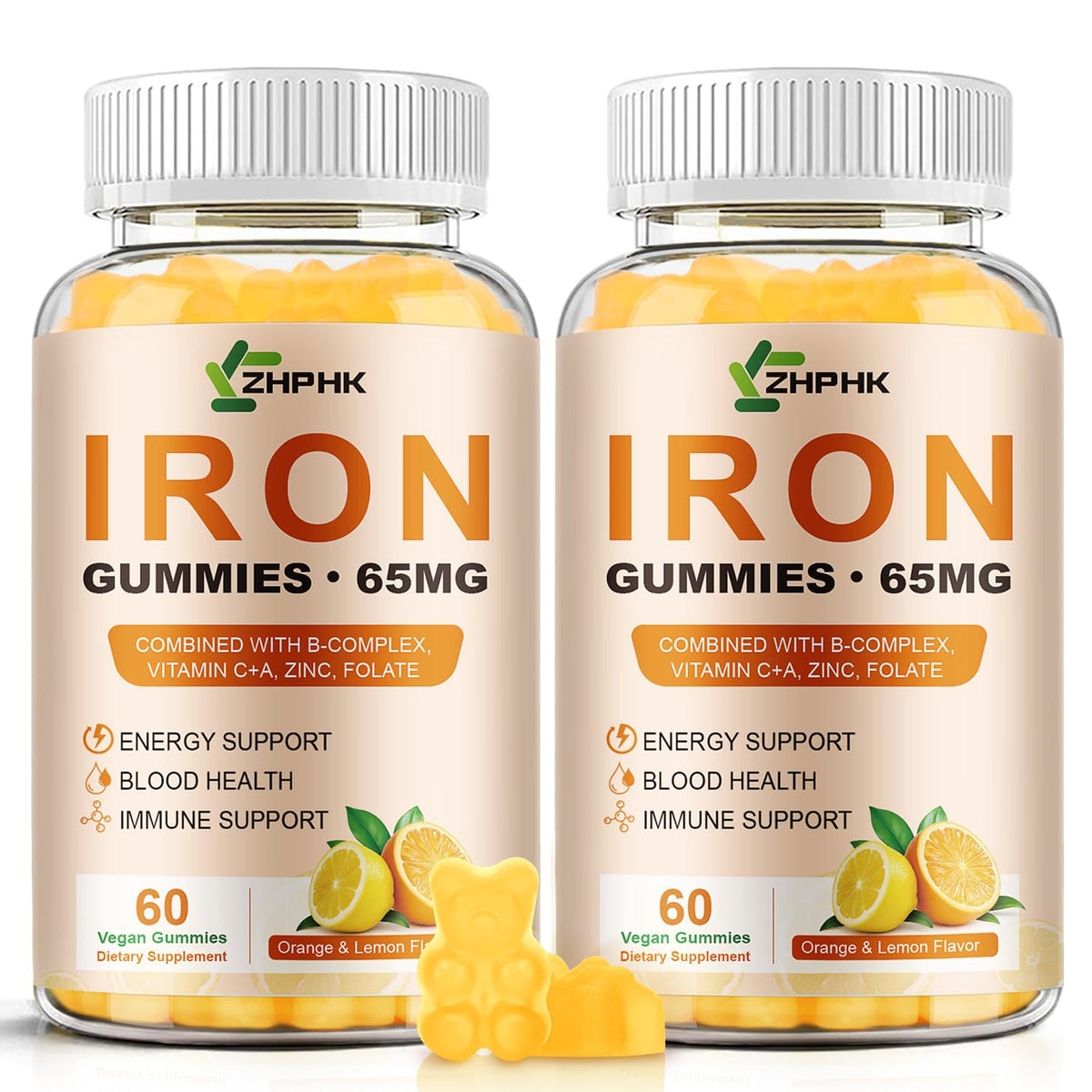 ZHPHK Iron Gummies bottle with orange-lemon flavor for daily iron support.