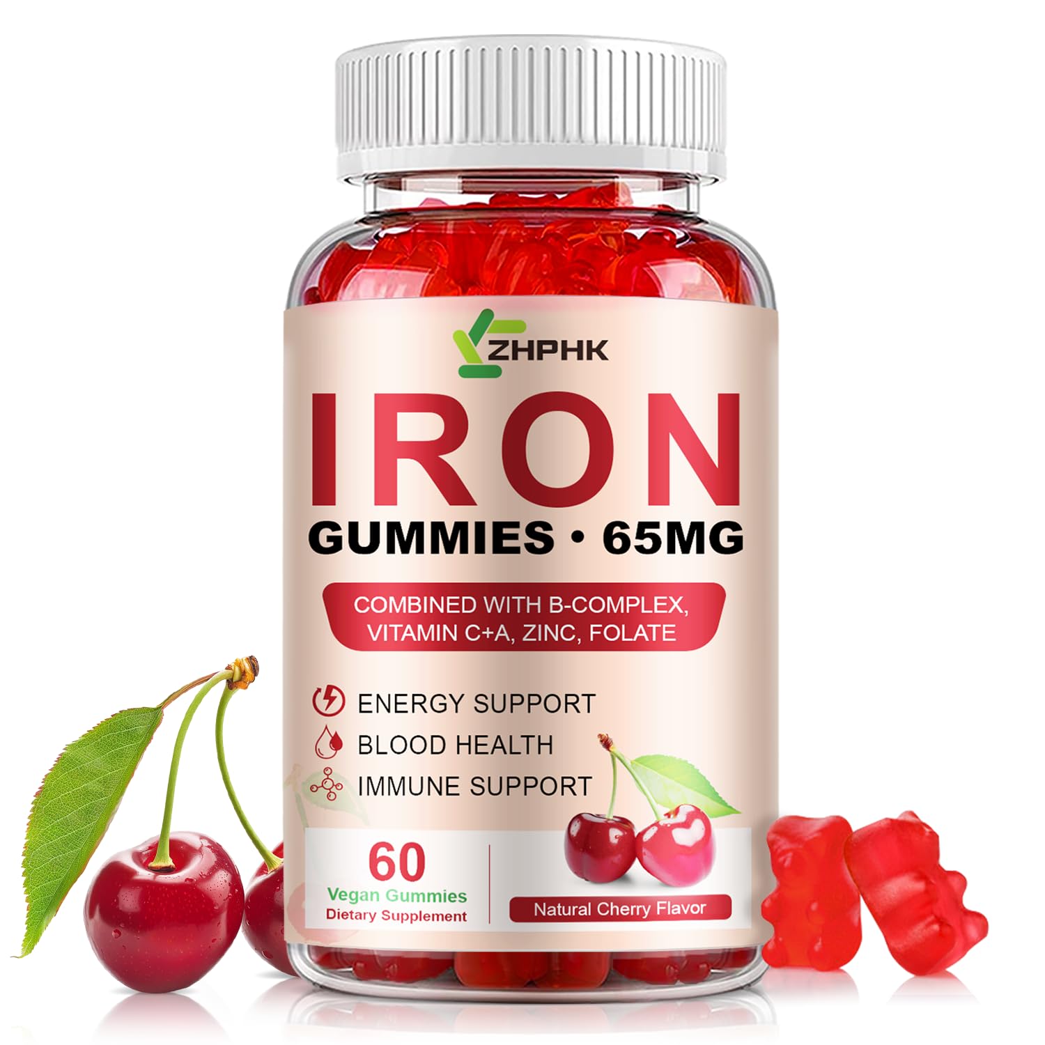 ZHPHK Iron Gummies bottle shown, convenient daily iron support in a kid-friendly chewable.