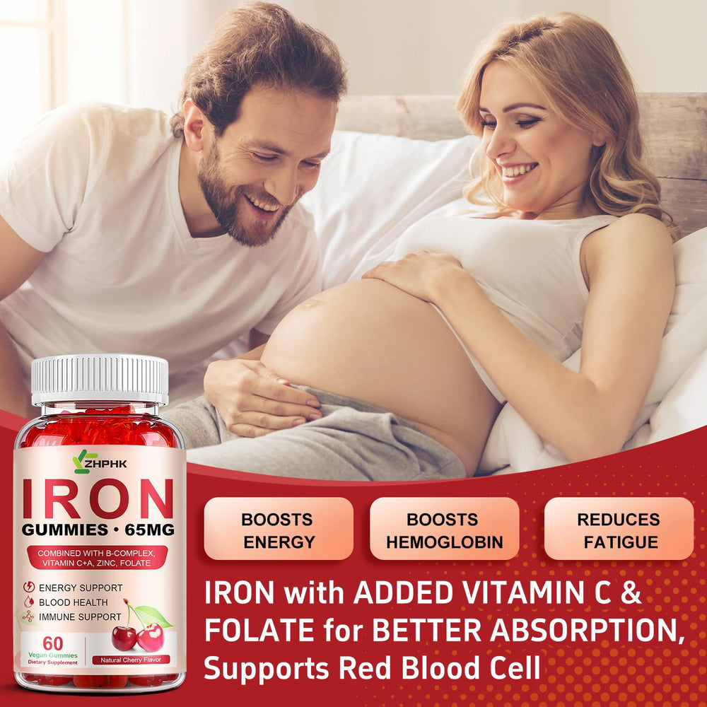 ZHPHK Iron Gummies jar labeled GMP-certified facility.