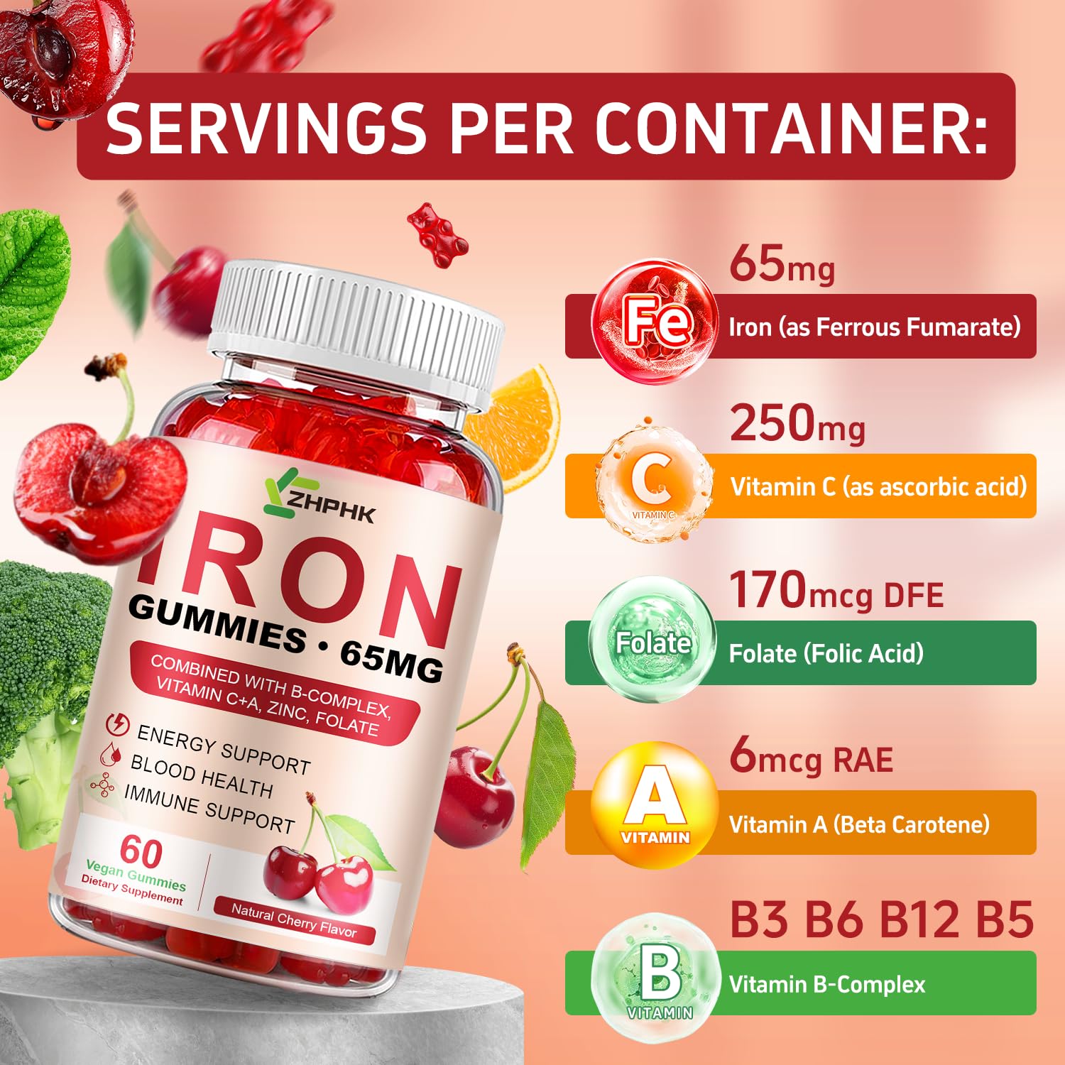 ZHPHK Iron Gummies packaging highlights non-GMO and gluten-free.