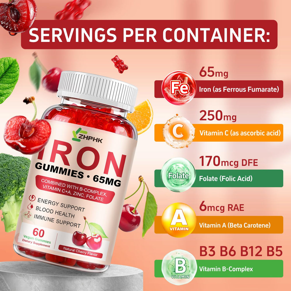 ZHPHK Iron Gummies packaging highlights non-GMO and gluten-free.