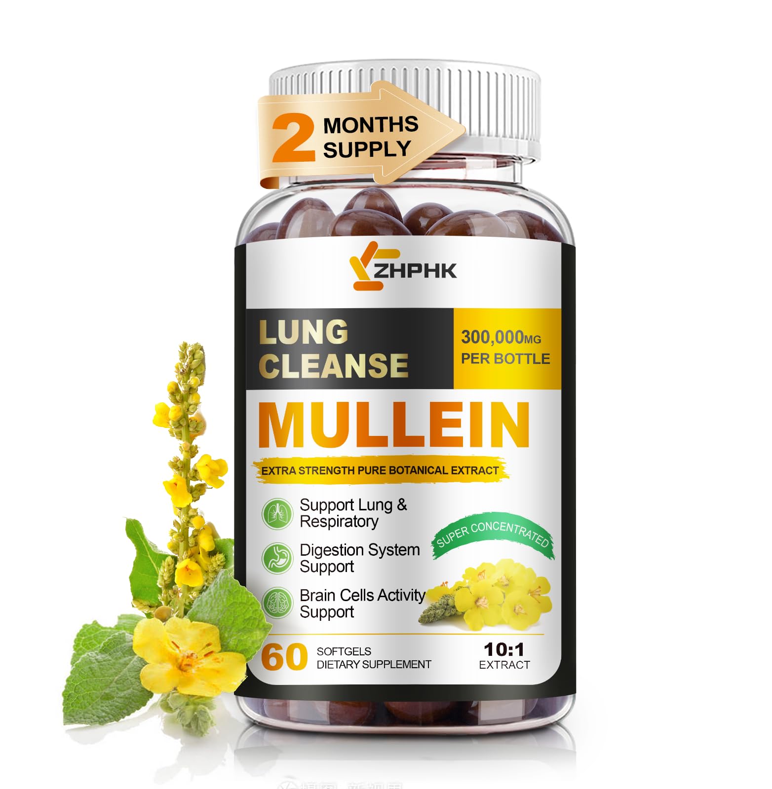 ZHPHK Mullein leaf extract bottle shows 10:1 potency for respiratory support