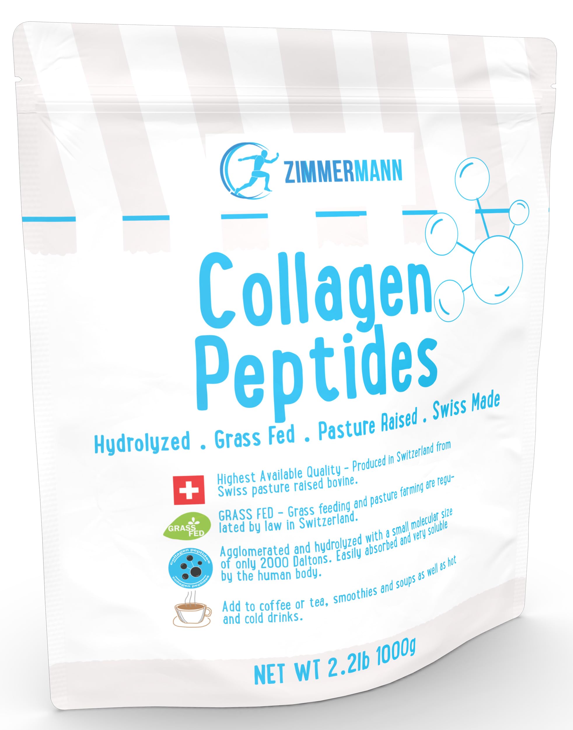 Zimmermann Collagen Peptides powder tub closeup showing Swiss-made quality