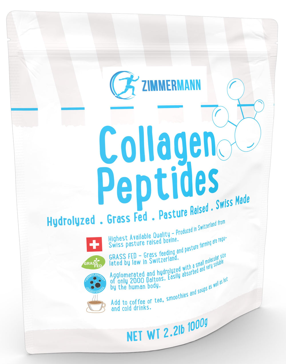 Zimmermann Collagen Peptides powder tub closeup showing Swiss-made quality