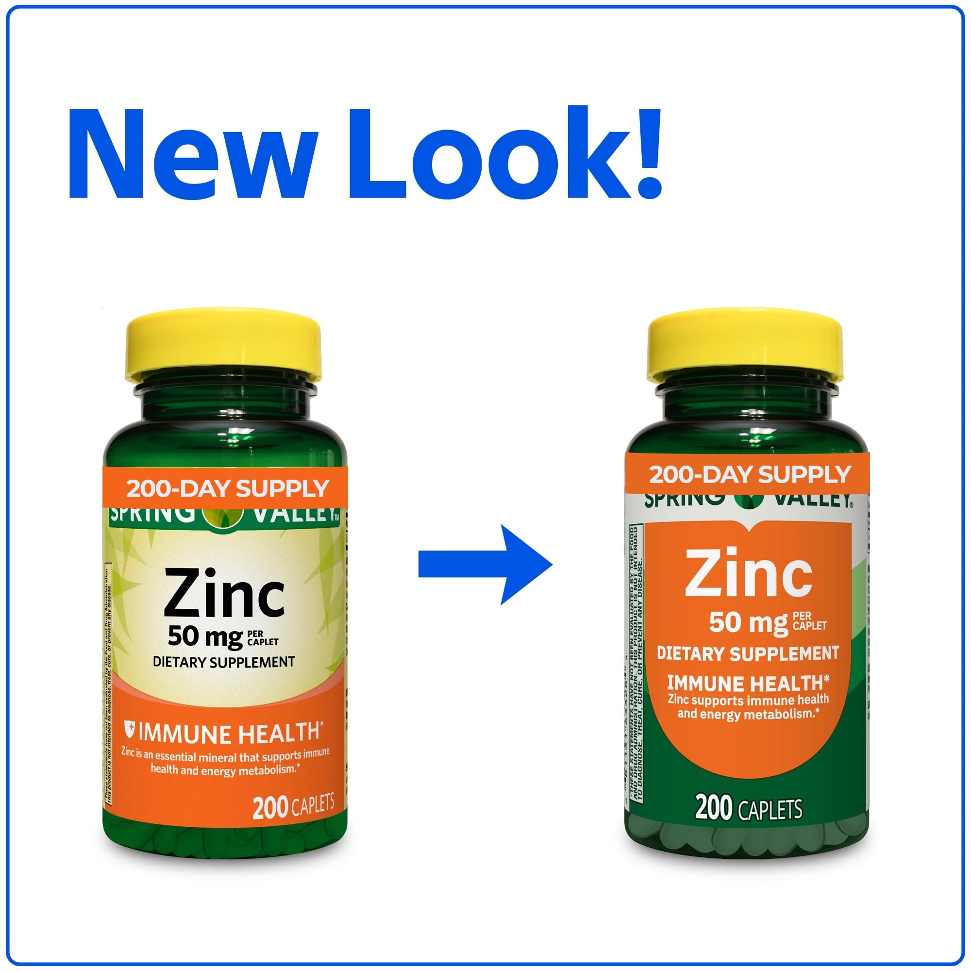 Zinc Caplets 50 mg bottle back label shows gluten-free and sugar-free formula