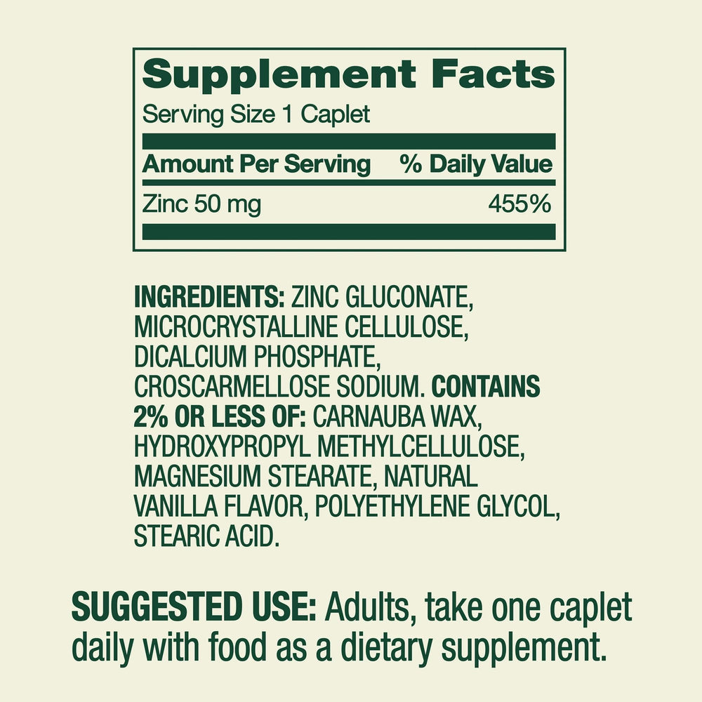 Zinc Caplets 50 mg gluconate close-up highlights ingredient for daily immune support