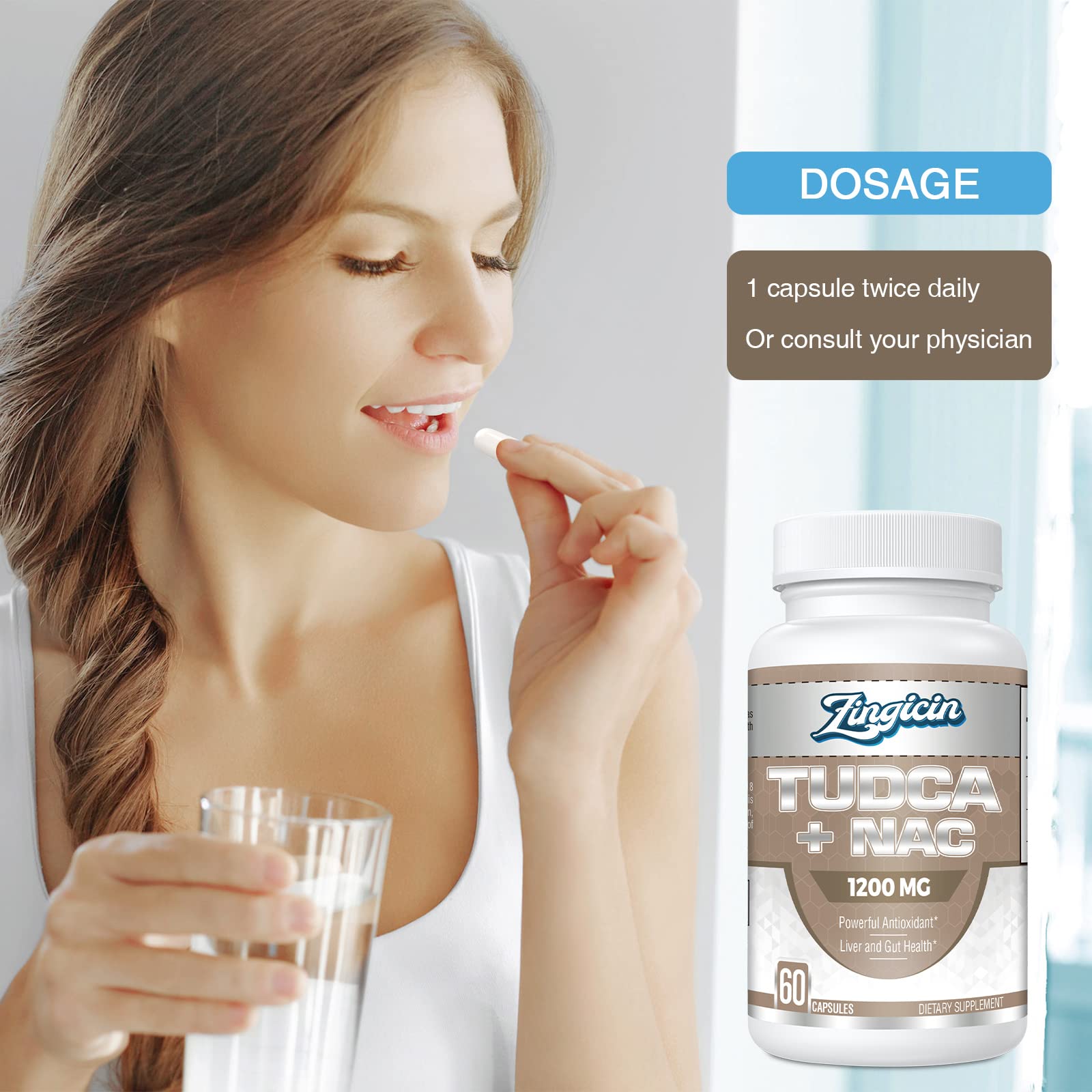 Studio shot suggests easy daily supplement routine.