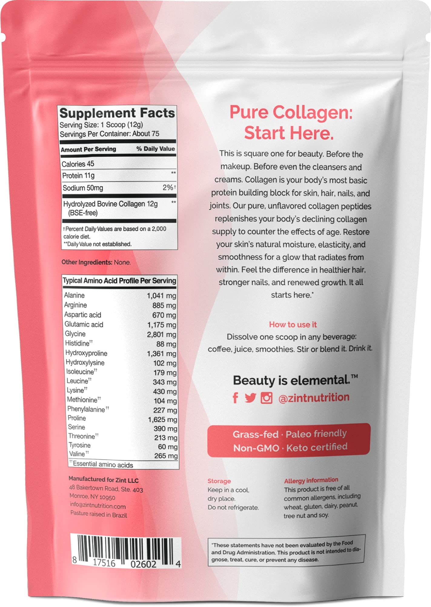 Zint Collagen Peptides amino acids graphic featuring glycine, proline, hydroxyproline.