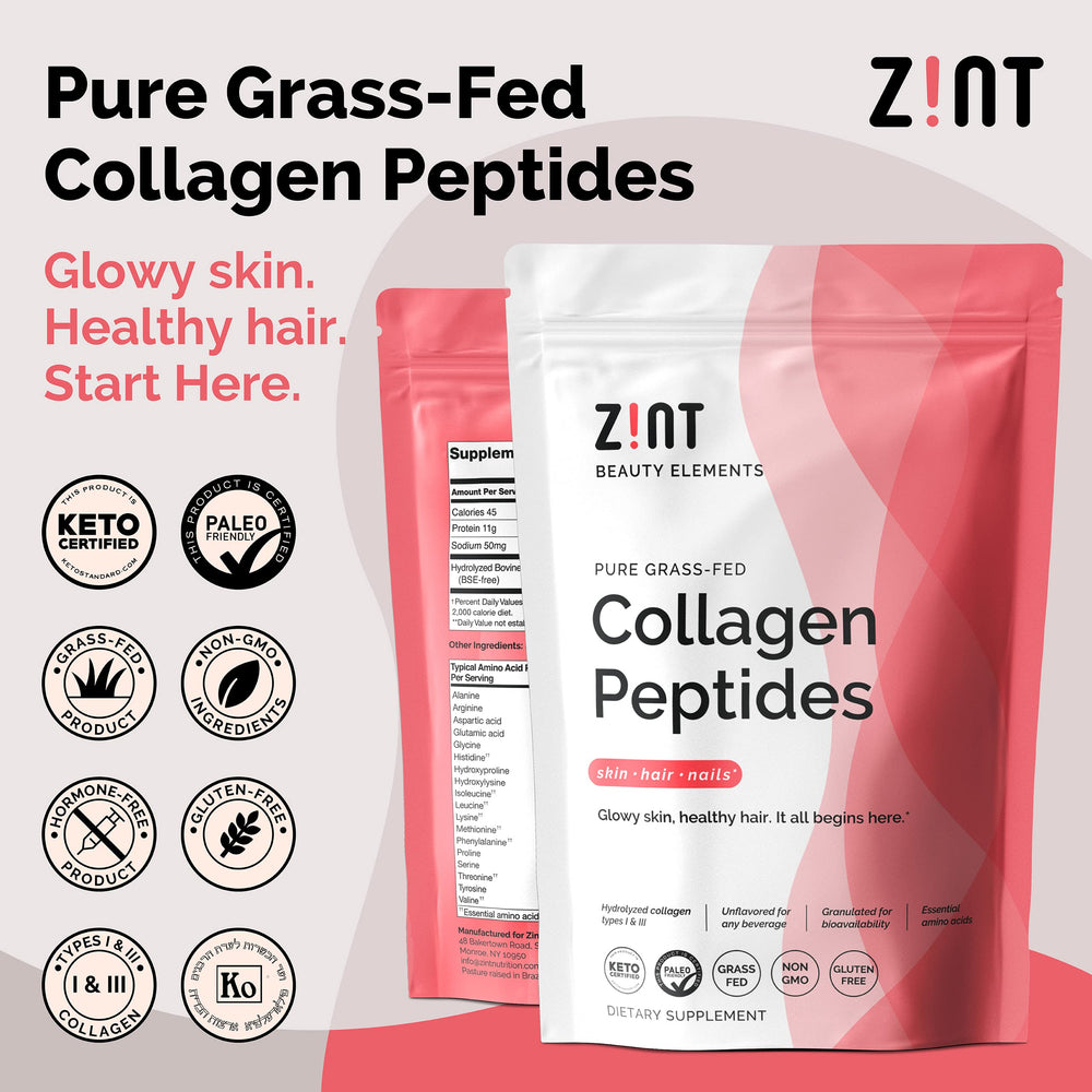 Granulated texture close-up highlights enhanced bioavailability of Zint peptides.