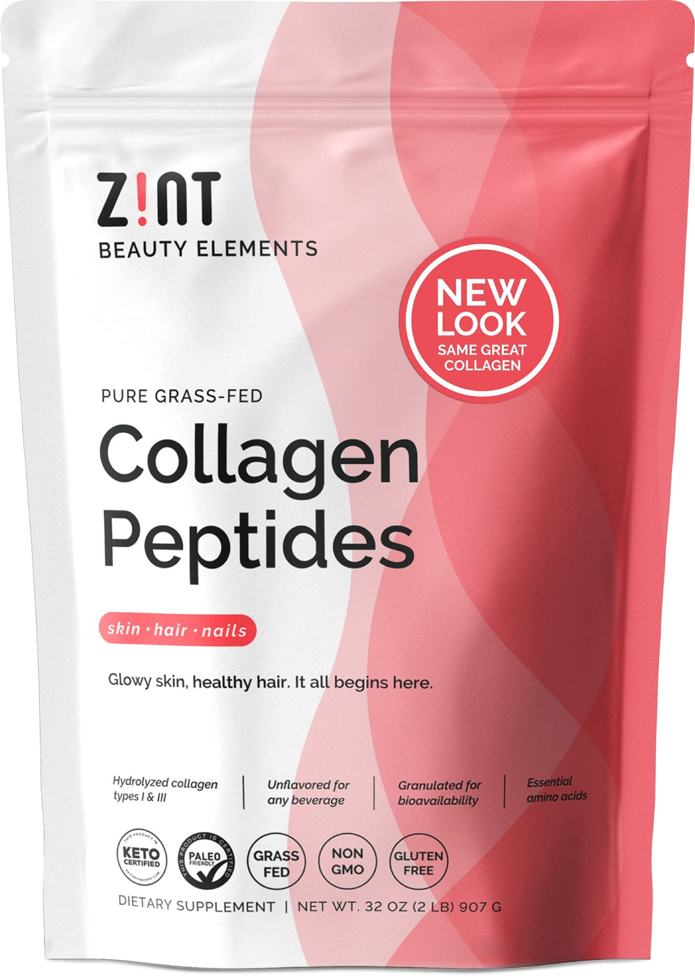 Zint Collagen Peptides bottle close-up showing label and powder for daily skin support.