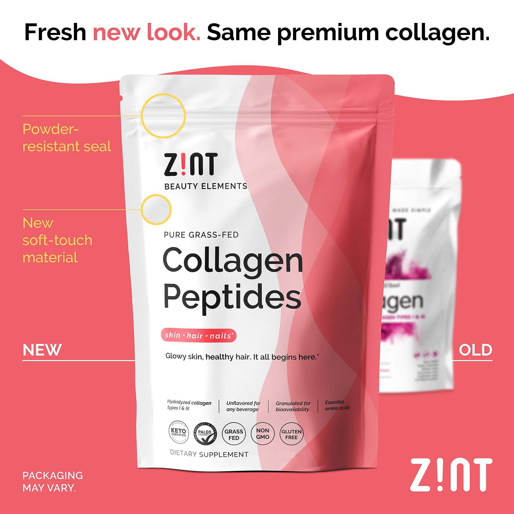 Zint Collagen Peptides powder dissolves in coffee for a quick neutral boost.