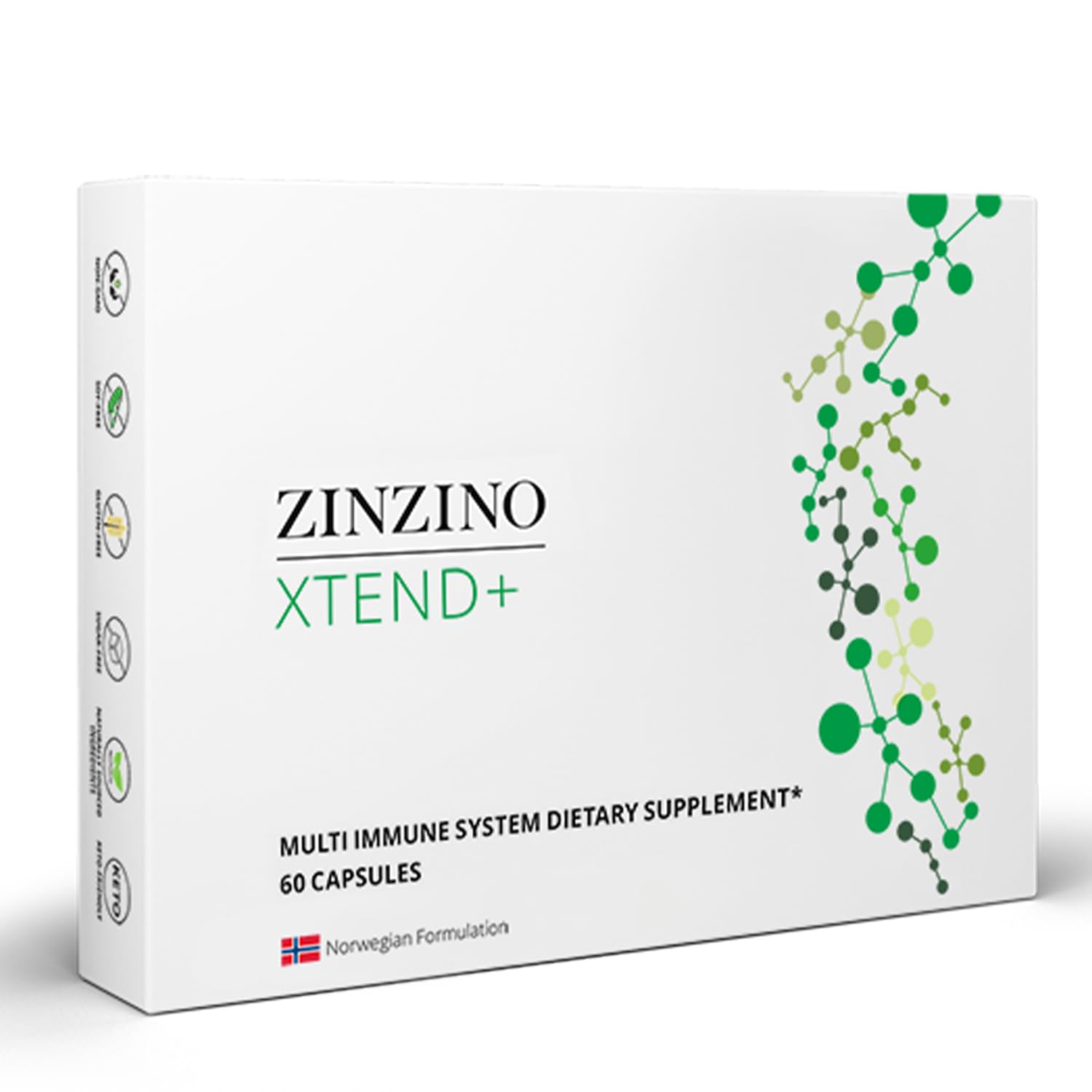 Zinzino Xtend+ bottle front highlighting vegan immune support for daily vitality.