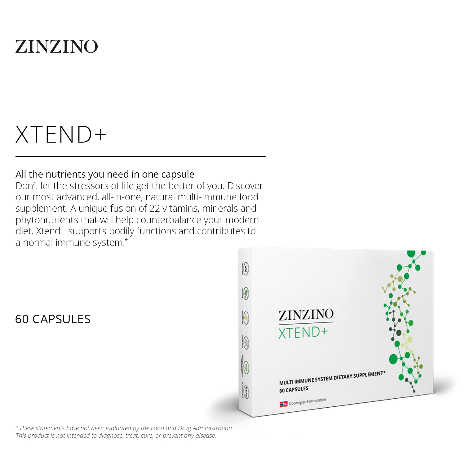 Zinzino Xtend+ ingredients panel lists vitamins and minerals for a balanced profile.